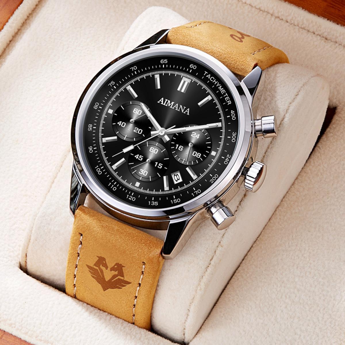 Swiss Luxury Men’s Multifunctional Quartz Watch – Waterproof, Luminous Leather Strap Design