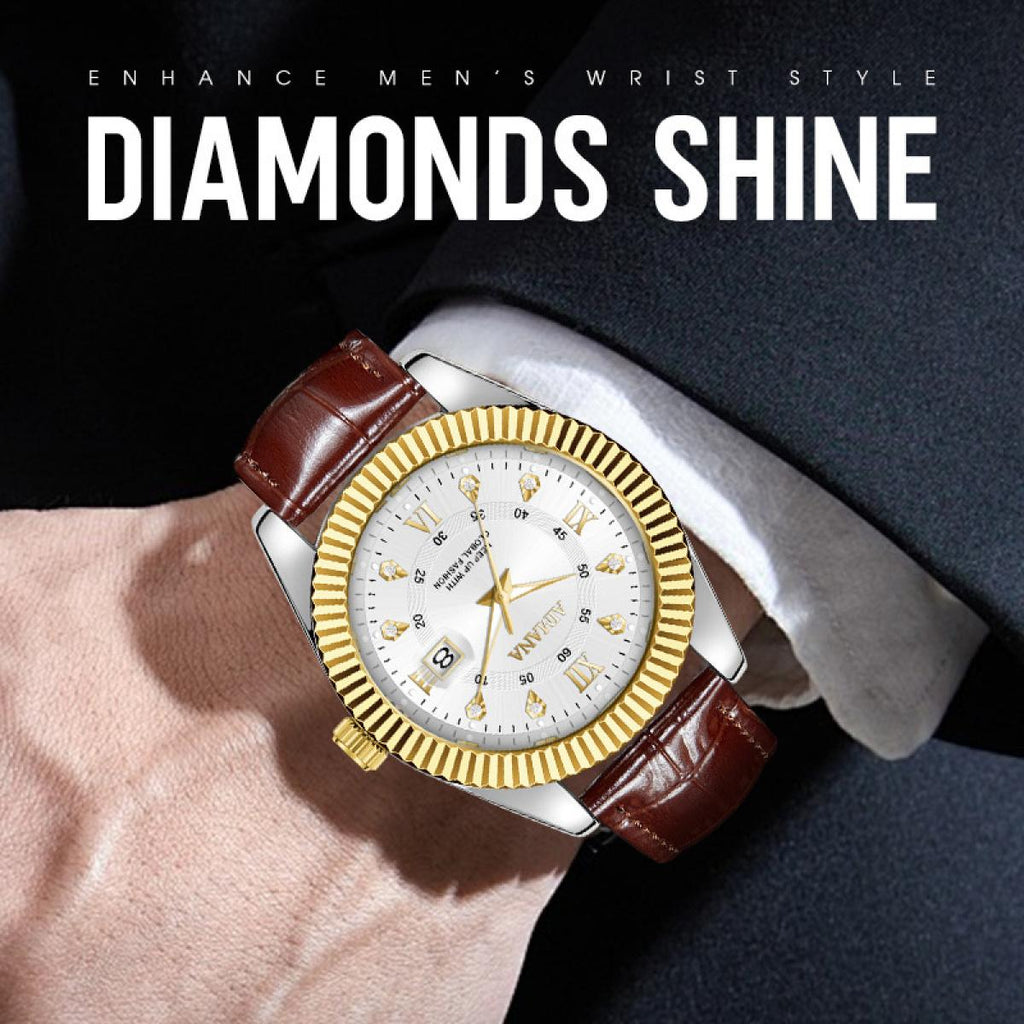 Swiss Luxury Men’s Quartz Business Watch – Leather Strap, Luminous Dial & Calendar Function