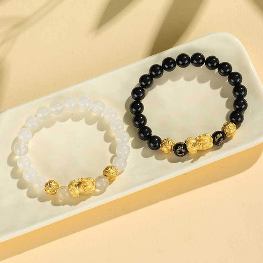 999 sterling silver black and white agate Pixiu beaded couple bracelet for women