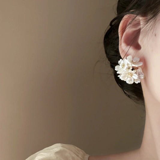 Silver Needle Pearl Flower Cluster Earrings