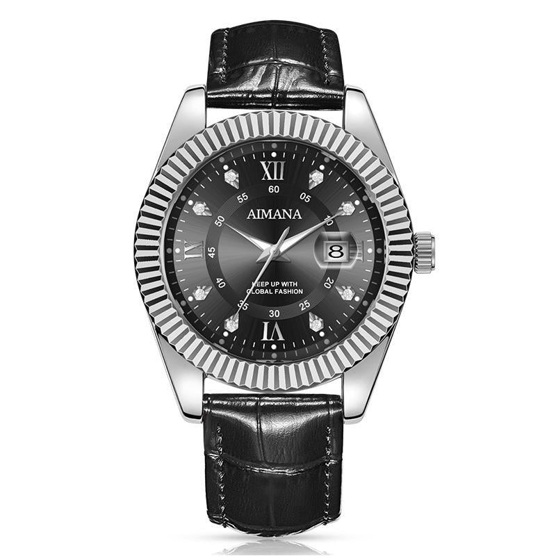 Swiss Luxury Men’s Quartz Business Watch – Leather Strap, Luminous Dial & Calendar Function