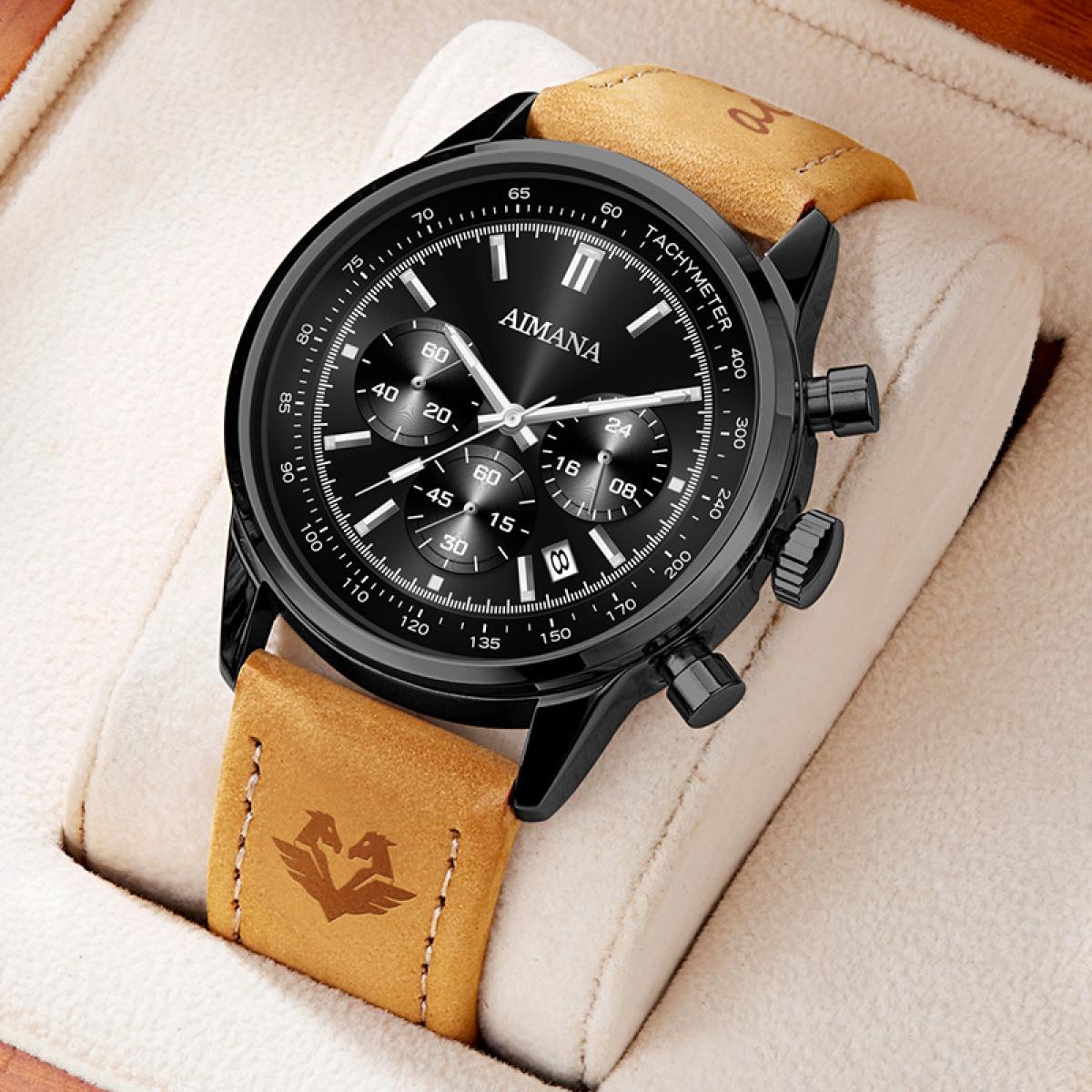 Swiss Luxury Men’s Multifunctional Quartz Watch – Waterproof, Luminous Leather Strap Design