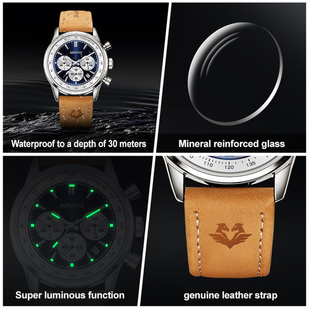Swiss Luxury Men’s Multifunctional Quartz Watch – Waterproof, Luminous Leather Strap Design