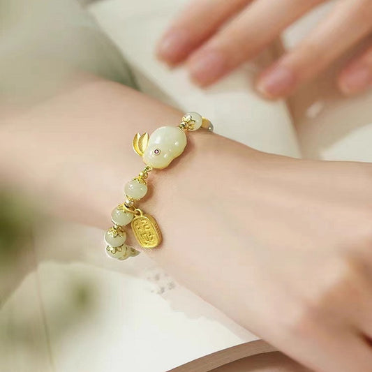girls' sterling silver jade rabbit and nephrite jade bracelet