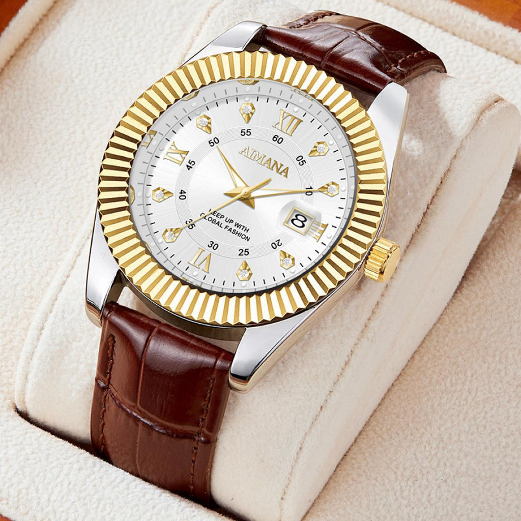 Swiss Luxury Men’s Quartz Business Watch – Leather Strap, Luminous Dial & Calendar Function